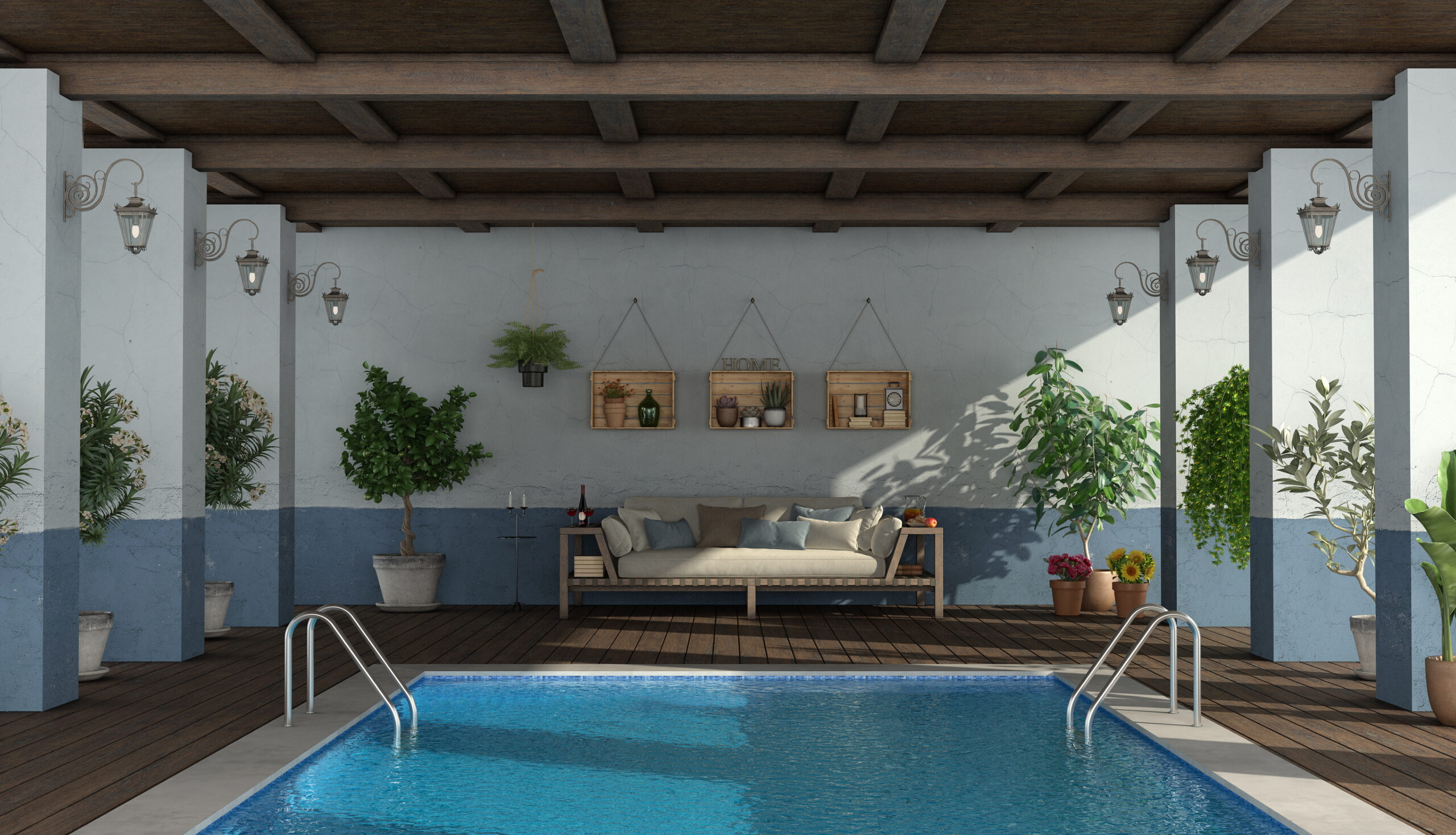 Swimming pool under an old porch with a poolside sofa - 3d rendering