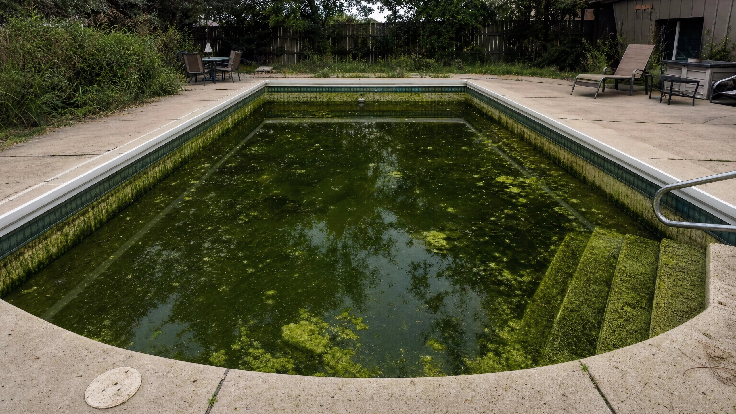 Algues dans sa piscine creusée laissée à l'abandon, eau verte stagnante et marches recouvertes de mousse
