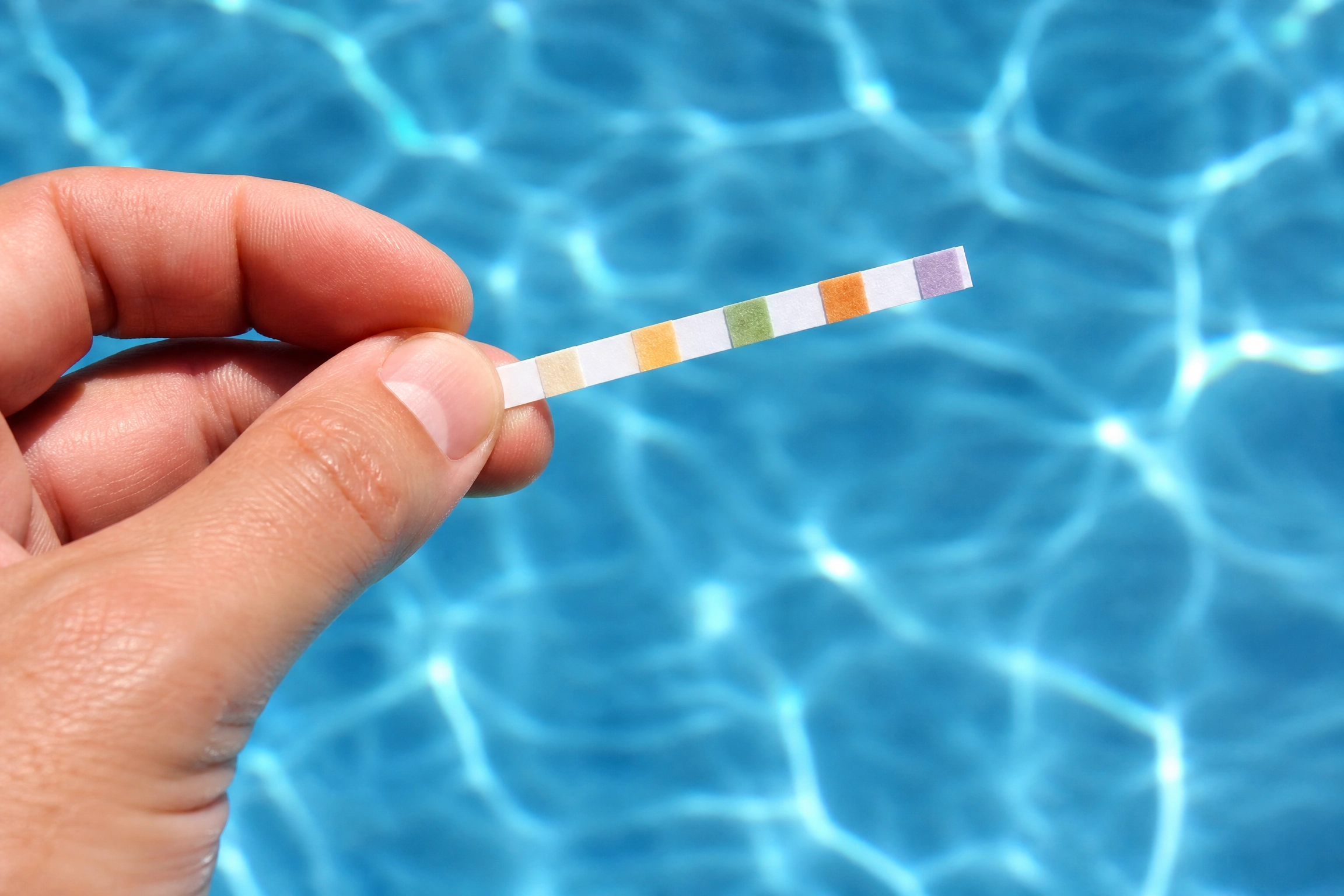 Alcalinité de piscine : main tenant une bandelette de test aux carrés colorés au-dessus d'une eau bleue
