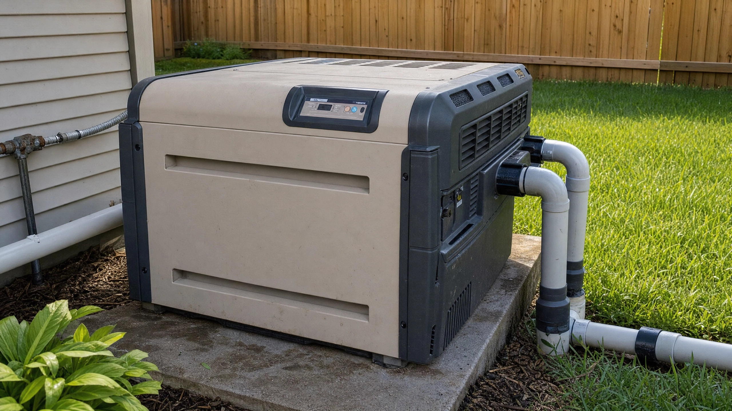 Chauffer sa piscine avec un chauffe-eau au gaz installé sur dalle de béton, raccordé par tuyaux PVC