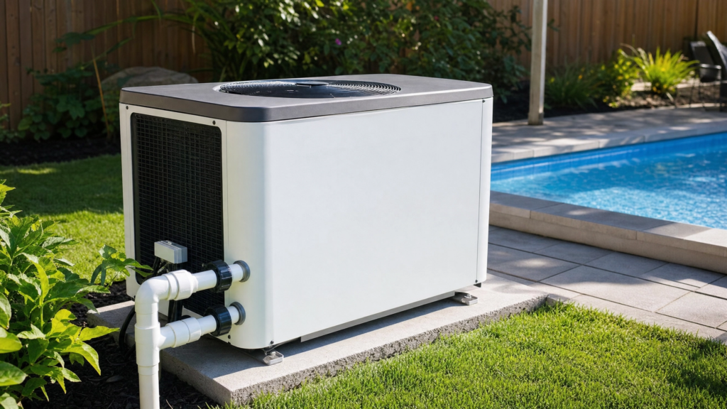 Thermopompe de piscine blanche raccordée par tuyaux PVC, sur dalle de béton à côté d'une piscine