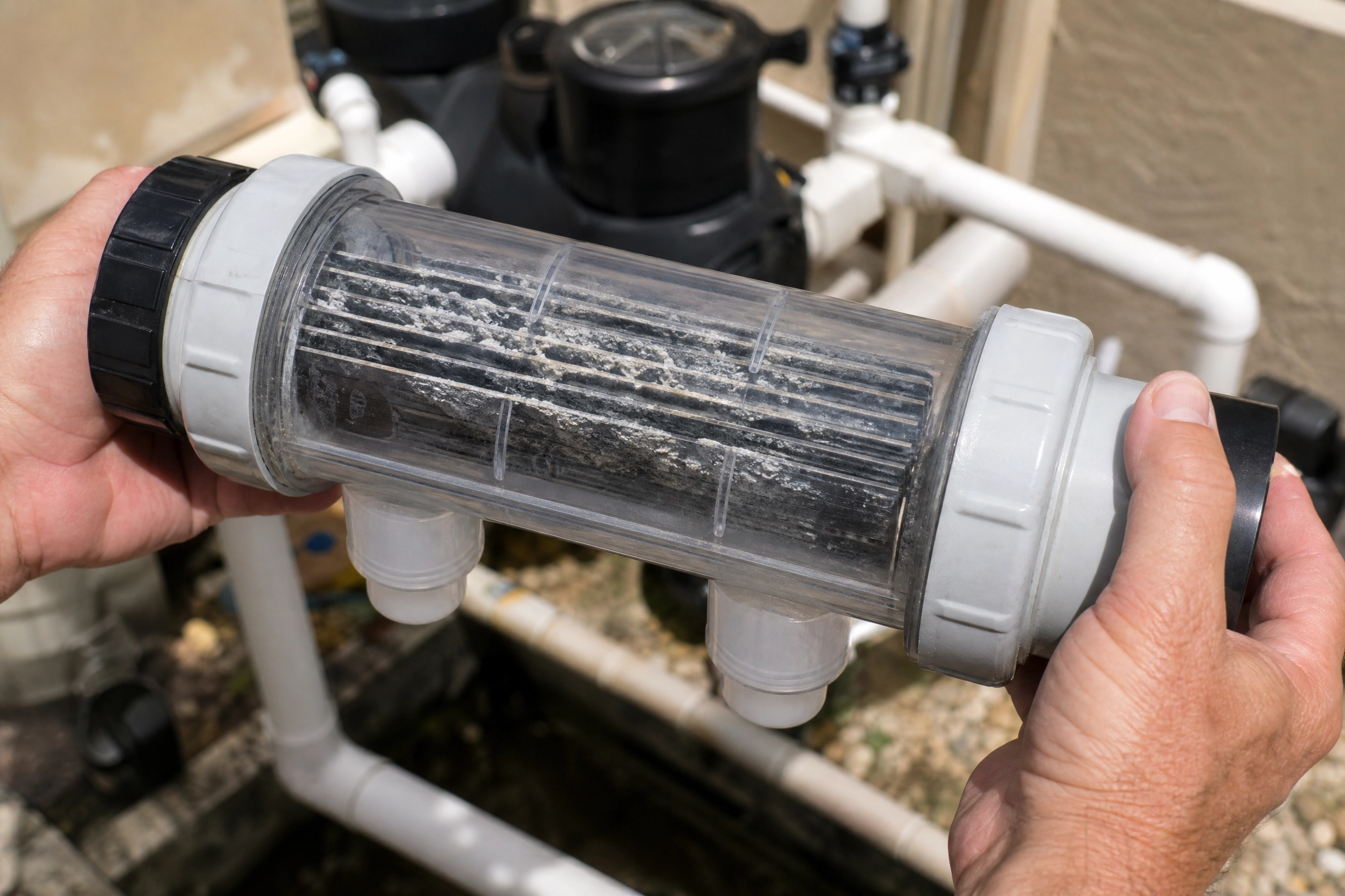Mains tenant une cellule d'électrolyseur au sel transparente couverte de dépôts calcaires devant le système de filtration, un signe qu'un nettoyage s'impose