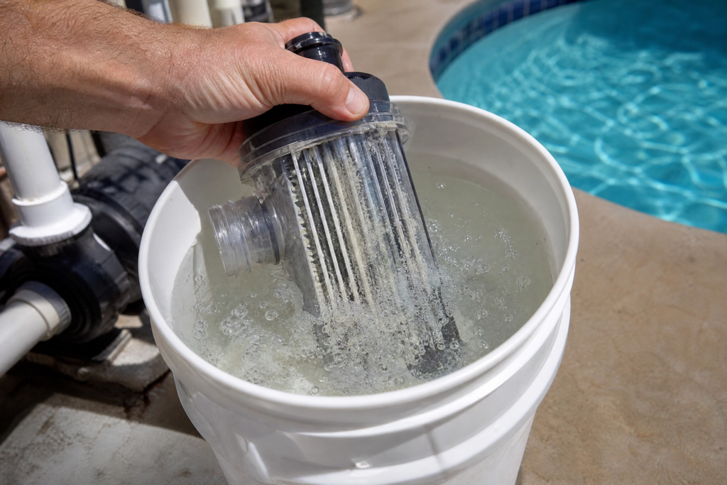 Personne trempant une cellule d'électrolyseur au sel dans un seau d'eau avec des bulles au bord d'un bassin creusé, une méthode courante pour détartrer l'équipement