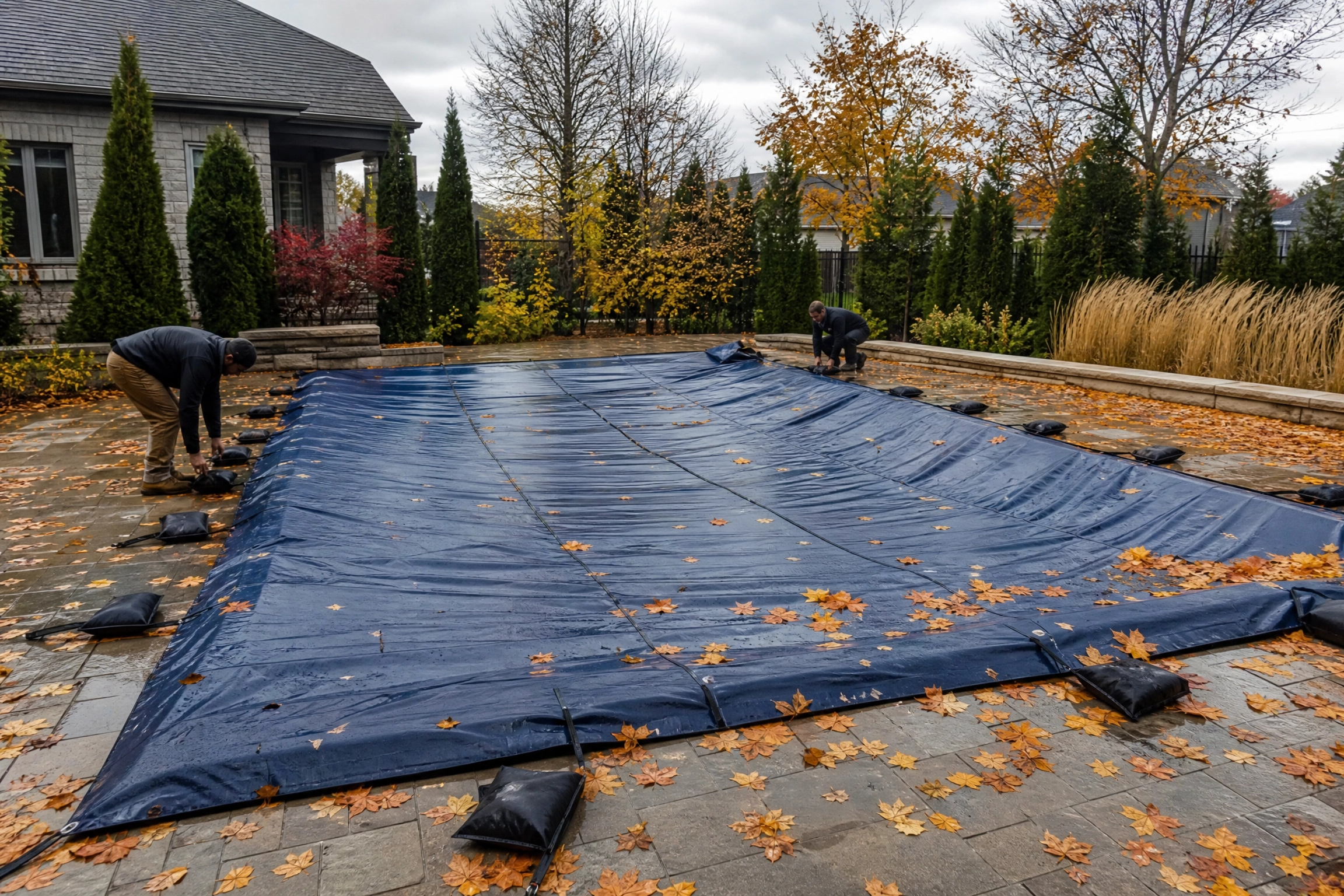 Deux techniciens installent une toile d'hiver avec sacs de sable pour fermer sa piscine à l'automne.