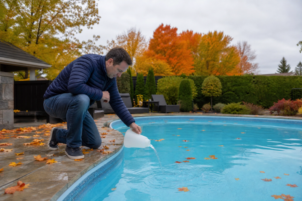 Homme versant un produit d'hivernage dans l'eau, une étape clé pour fermer sa piscine avant le gel.