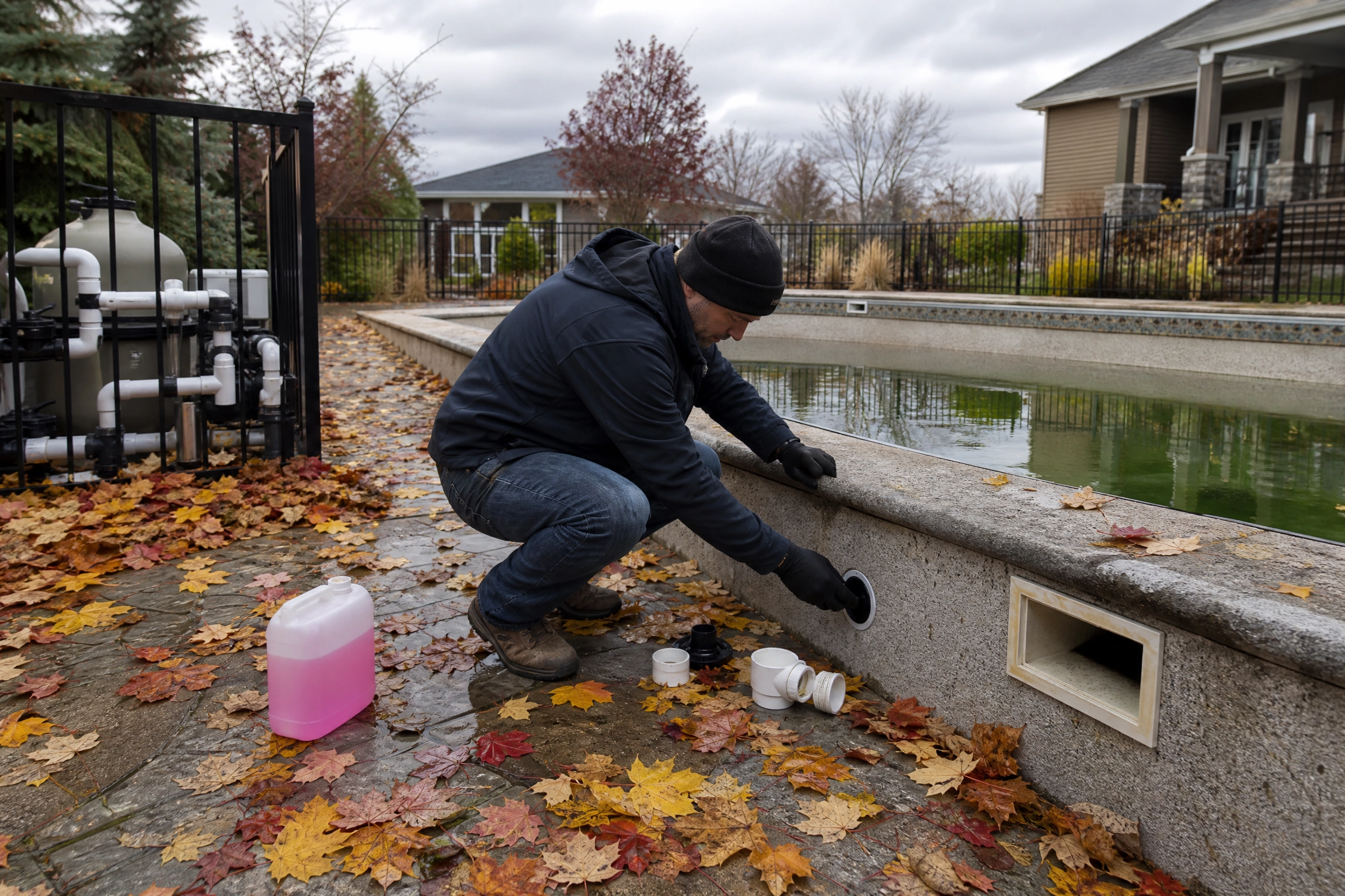 Technicien ajoutant de l'antigel rose dans les conduits à l'automne pour protéger sa piscine du gel.