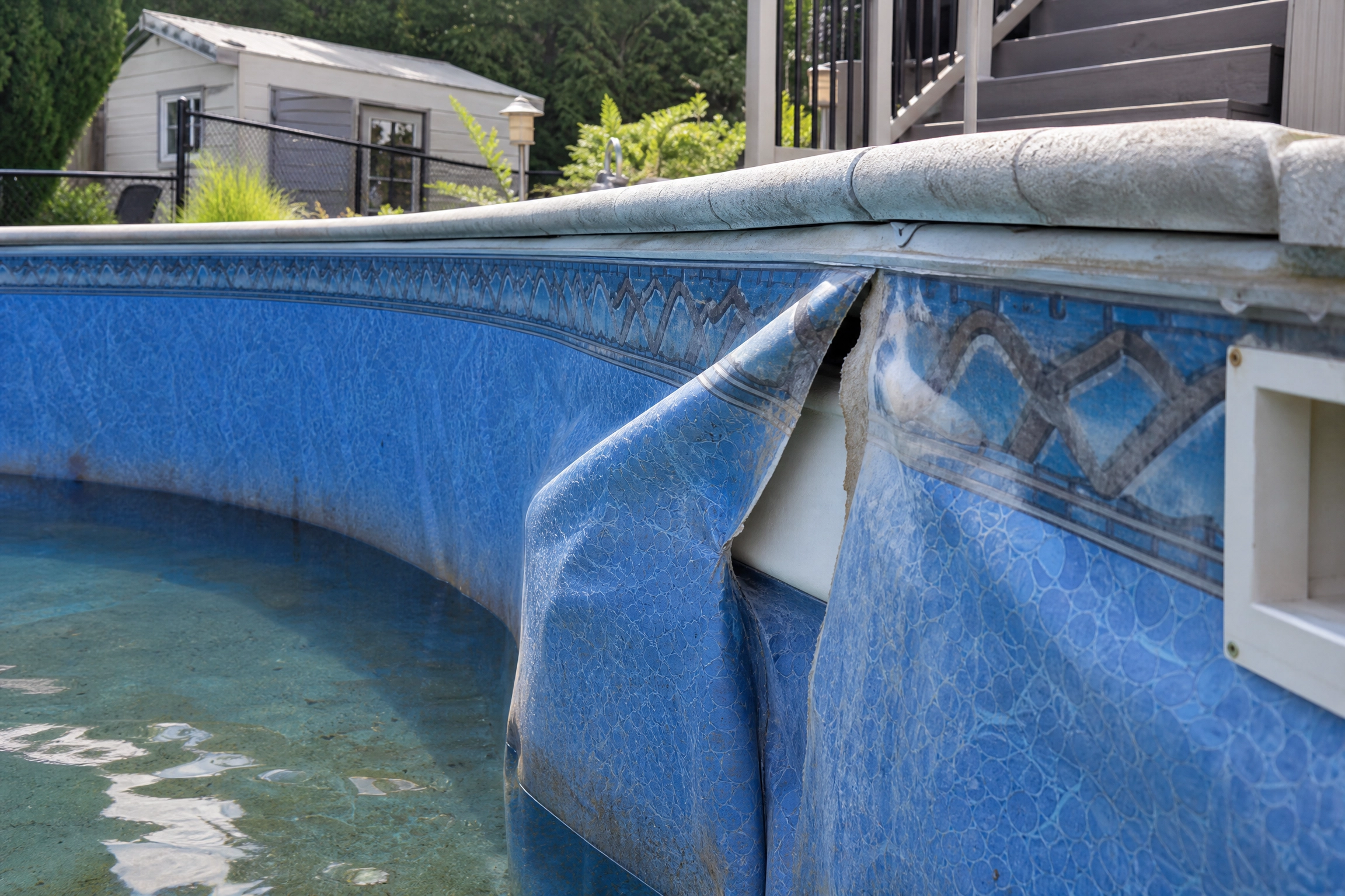 Toile de piscine creusée déchirée près du rebord, un cas typique où il faut réparer une toile de piscine.