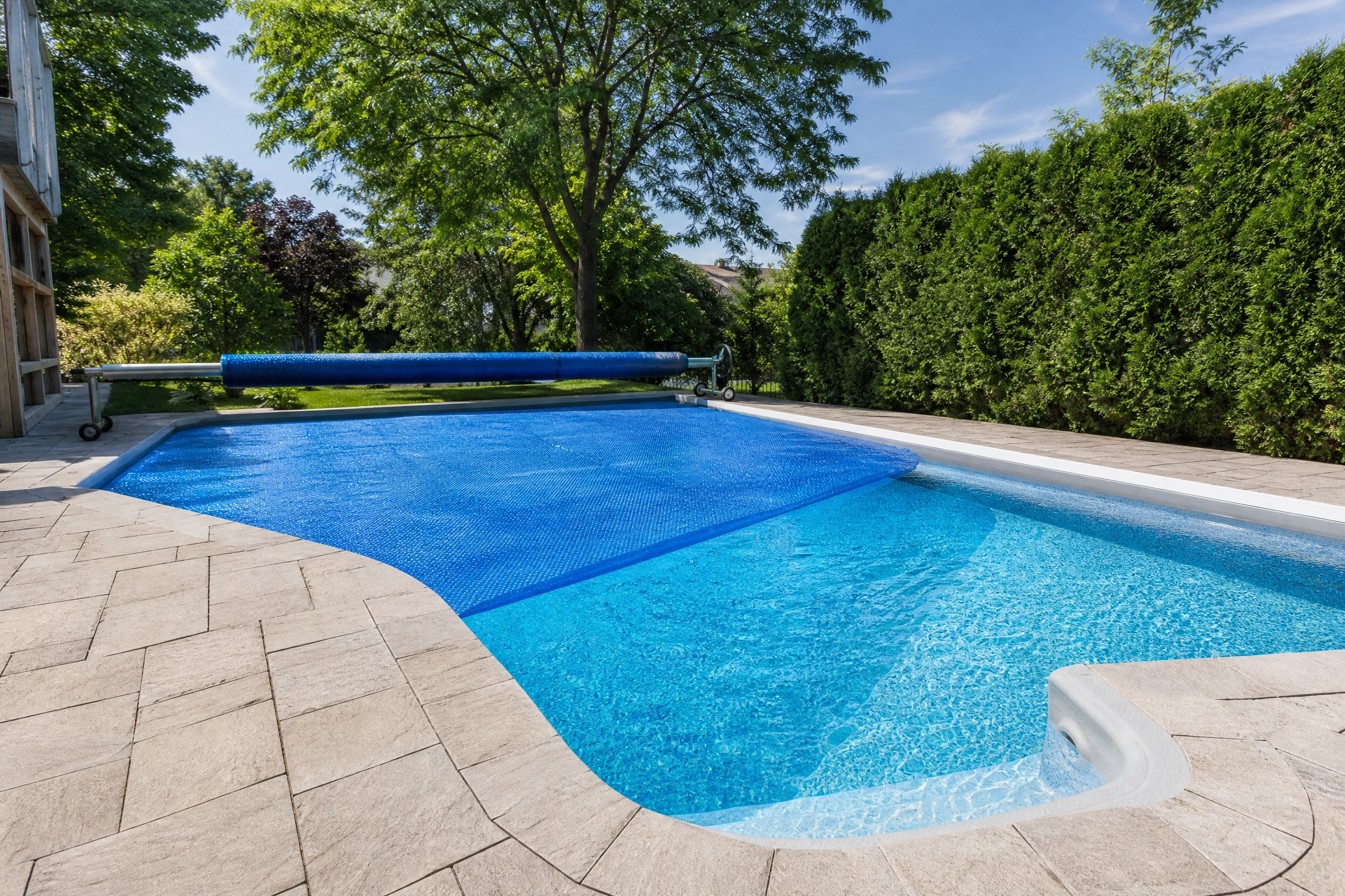 Bassin creusé partiellement recouvert d'une toile solaire de piscine bleue à bulles, avec l'enrouleur au fond et un aménagement paysager verdoyant autour