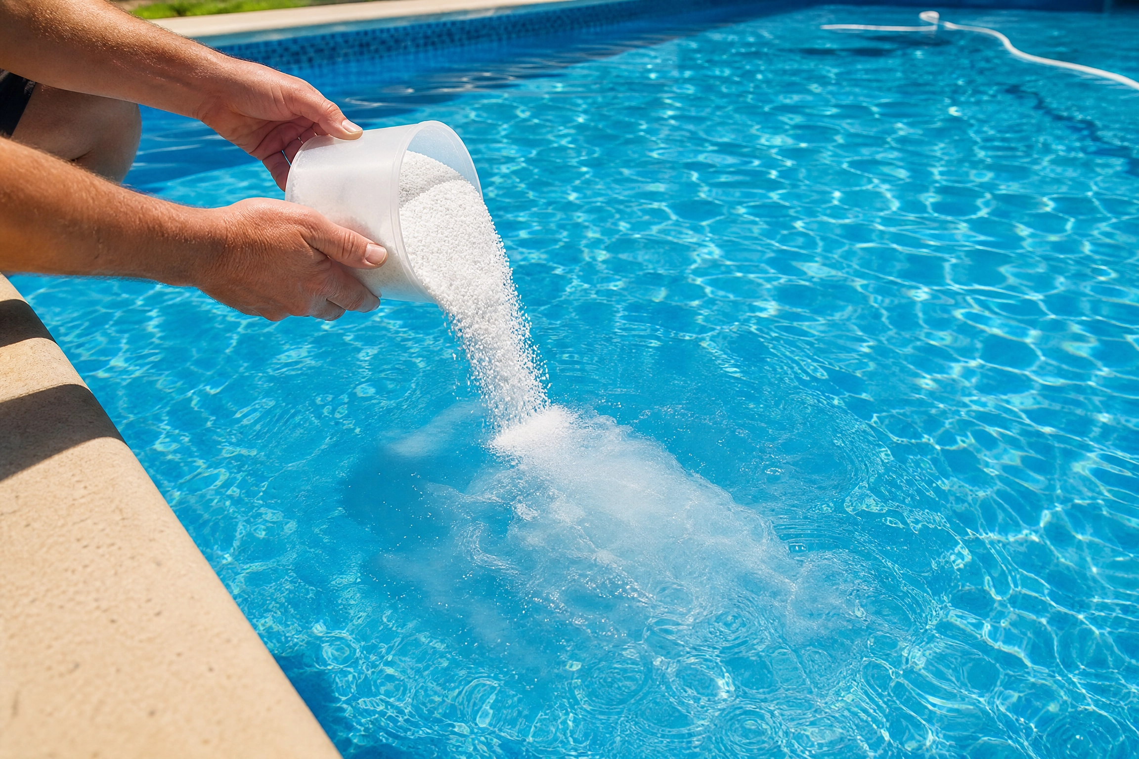 Traitement choc : personne versant du chlore granulaire dans l'eau bleue d'une piscine creusée
